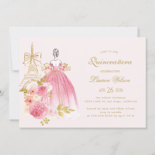Convite Quinceanera Parisiense Chic Floral Dourado Rosa