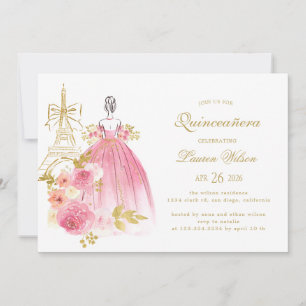 Convite Quinceanera Parisiense Chic Floral Dourado Rosa