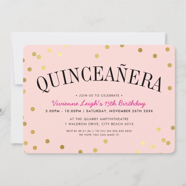 Convite QUINCEAÑERA PARTY luxe dourado manchas cor-de-rosa (Frente)