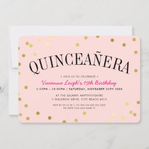 Convite QUINCEAÑERA PARTY luxe dourado manchas cor-de-rosa