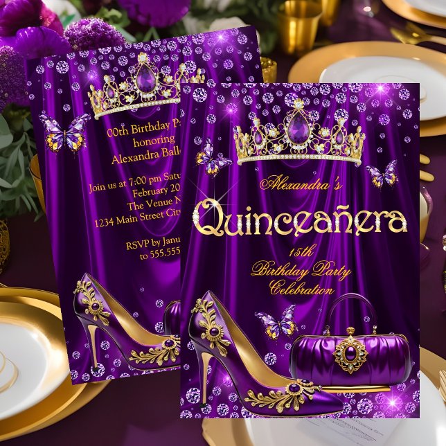 Convite Quinceanera party Purple Tiara High heel gold (Criador carregado)
