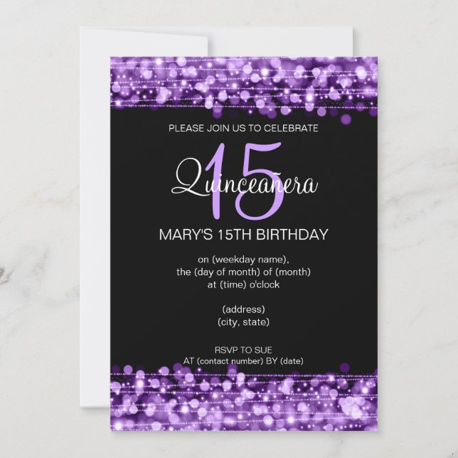 Convite Quinceañera Party Sparkles Purple (Frente)