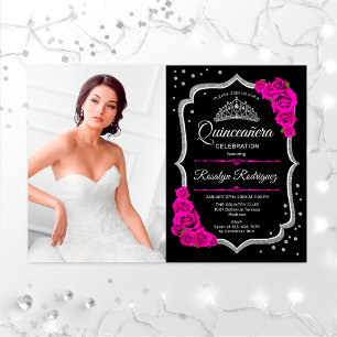Convite Quinceanera Party With Photo - Black Pink Silver