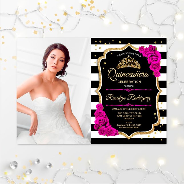 Convite Quinceanera Party With Photo - Pink Gold Black (Criador carregado)