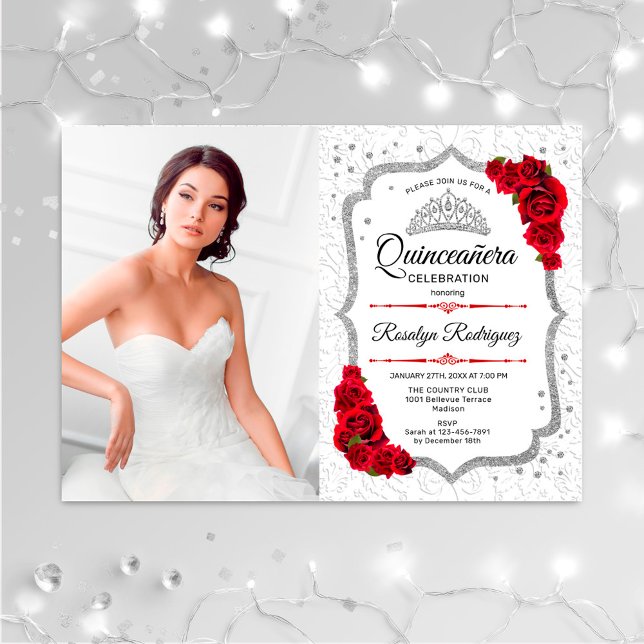 Convite Quinceanera Party With Photo Silver Red (Criador carregado)