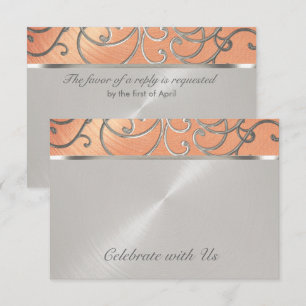 Convite Quinceanera Peach e Silver Filigree Swirls