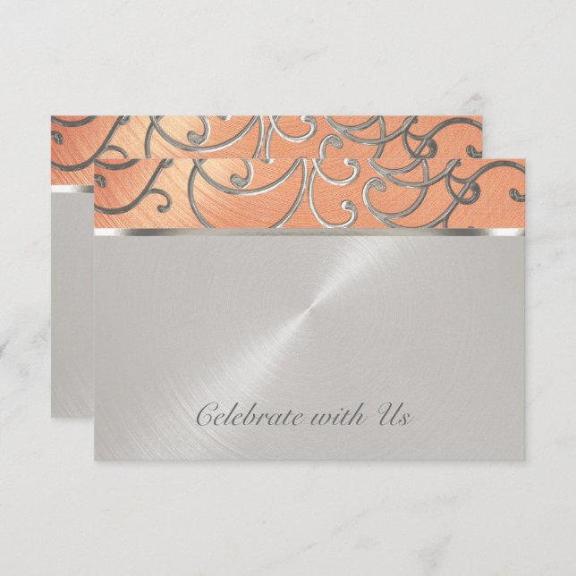 Convite Quinceanera Peach e Silver Filigree Swirls (Frente/Verso)