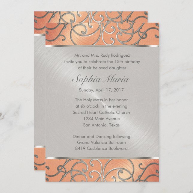 Convite Quinceanera Peach e Silver Filigree Swirls (Frente/Verso)