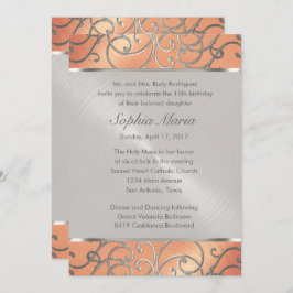 Convite Quinceanera Peach e Silver Filigree Swirls