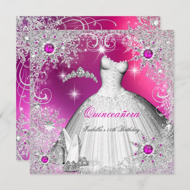 Convite Quinceanera Pearl Rosa Quente Prata Invernal Floco (Frente/Verso)