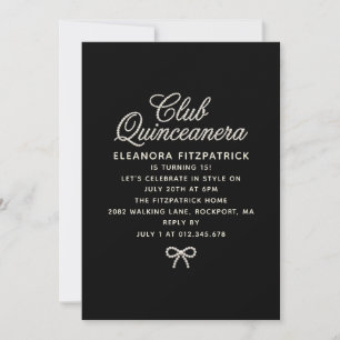 Convite Quinceanera Pérola Preta e Branca Rótulo com Laço
