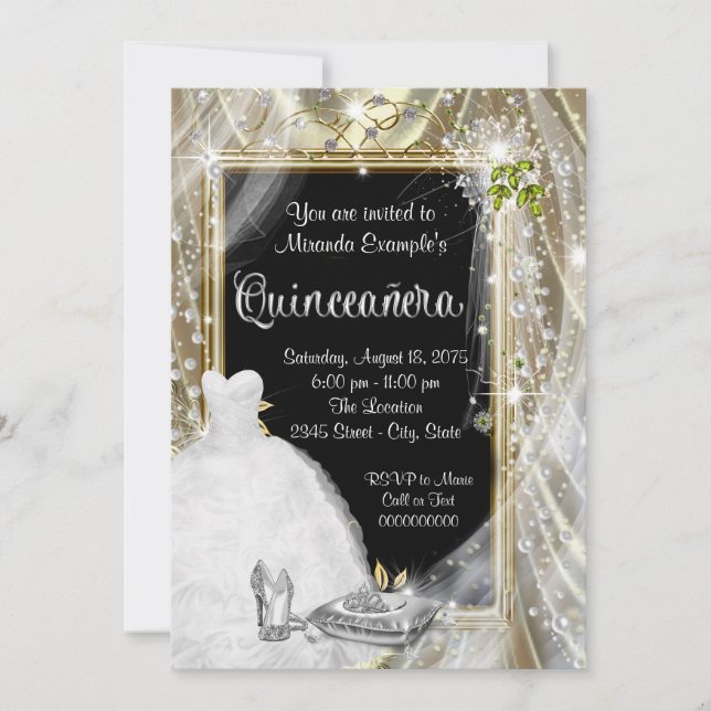 Convite Quinceañera Pérola Preta e Dourada (Frente)