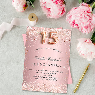Convite Quinceanera pincelada rosa rosa rosa pó dourado