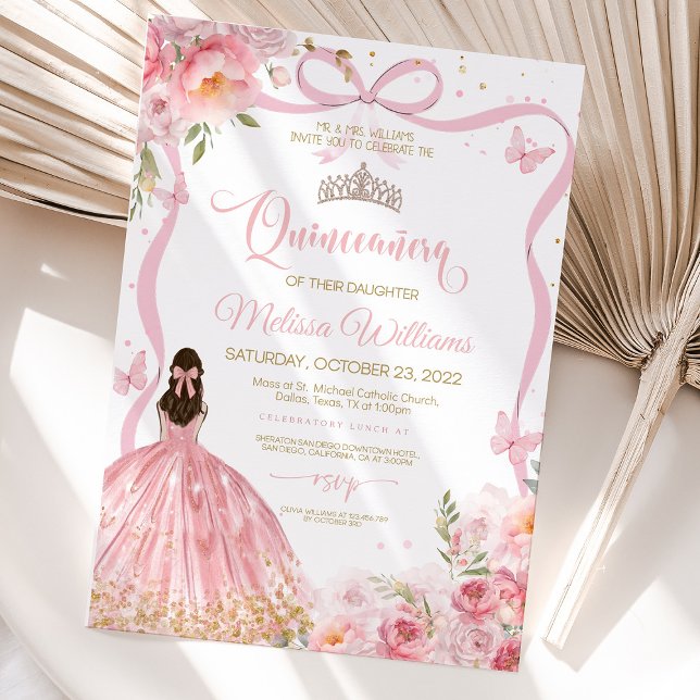 Convite Quinceanera Pink Blush Rosa Ouro Butterfly (Pink blush rose and butterfly Quinceañera invitation with golden foil details.)