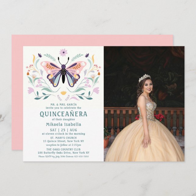 Convite Quinceañera Pink Borboleta Púrpura Foto Floral (Frente/Verso)