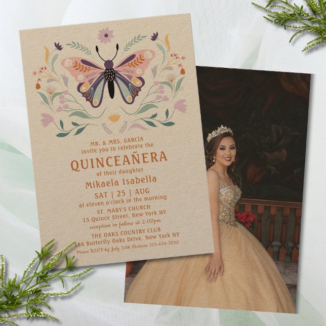 Convite Quinceañera Pink Borboleta Púrpura Foto Floral (Criador carregado)