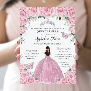 Convite Quinceañera Pink Borboletas Florais Silver Tiara
