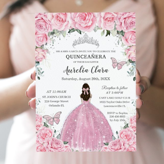 Convite Quinceañera Pink Borboletas Florais Silver Tiara (Criador carregado)