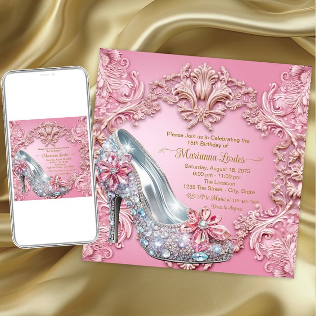 Convite Quinceañera Pink Diamond High Heel Calçado (Quiceanera and any event invitation. Instant download and printed invitations available.)