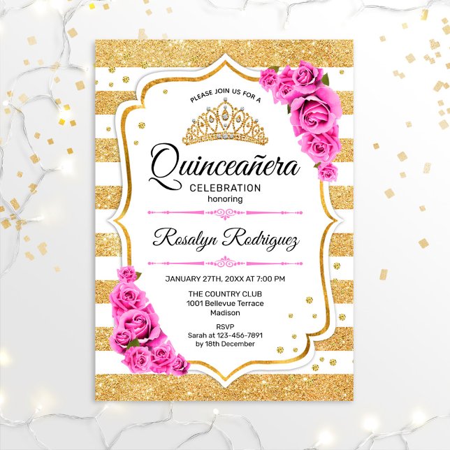 Convite Quinceanera - Pink Dourado Branco (Criador carregado)