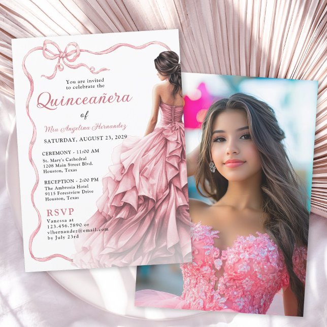 Convite Quinceañera Pink Dress Scalloped Arco Fita (Available in both printed and instant download digital formats.)