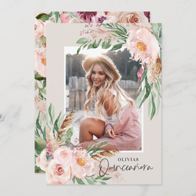 Convite Quinceañera Pink, fotobogã floral (Frente/Verso)