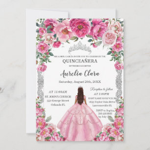 Convite Quinceañera Pink Fuchsia Flores Vestir Prata