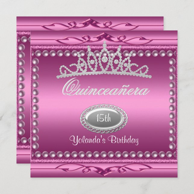 Convite Quinceanera Pink Jewel Tiara Pearl 15 Aniversário (Frente/Verso)