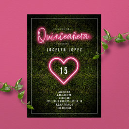 Convite Quinceañera Pink Neon Lights Boxwood Heart