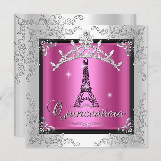 Convite Quinceanera Pink Prata Tiara Eiffel Torre (Frente/Verso)