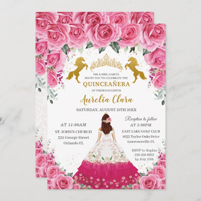 Convite Quinceañera Pink Princesa Floral Charro Dourado Ca (Frente/Verso)