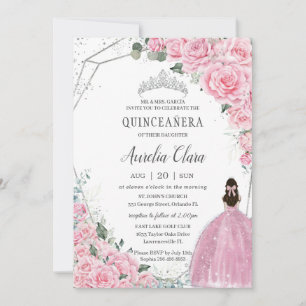 Convite Quinceañera Pink Princesa Floral Silver Aniversá