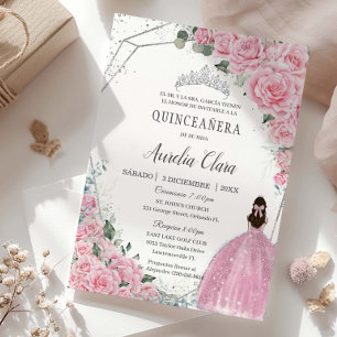Convite Quinceañera Pink Princesa Floral Silver Aniversári