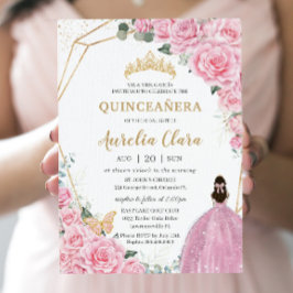 Convite Quinceañera Pink Roses Floral Dourada Princesa Cor