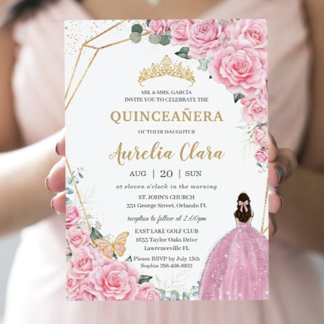 Convite Quinceañera Pink Roses Floral Dourada Princesa Cor (Criador carregado)