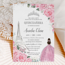 Convite Quinceañera Pink Roses Floral Paris Eiffel Silver