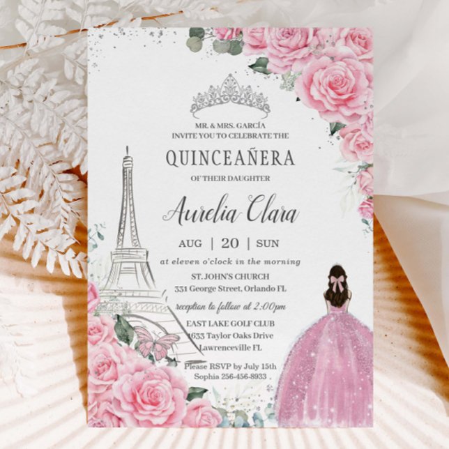Convite Quinceañera Pink Roses Floral Paris Eiffel Silver (baby-pink-floral-roses-silver-eiffel-tower-paris-quinceanera-xv-sweet-sixteen-birthday-invitation)