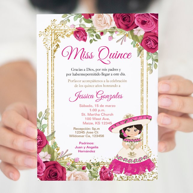 Convite Quinceanera Pink Roses Mexicanas Miss Quince Conit (Criador carregado)
