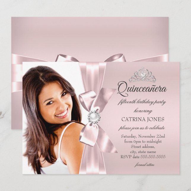Convite Quinceanera Pink Silver Diamond Arco Tiara (Frente/Verso)