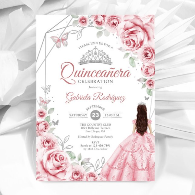 Convite Quinceanera Pink Silver Dress Floral (Criador carregado)