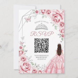 Convite Quinceanera Pink Silver Dress Floral RSVP Código Q