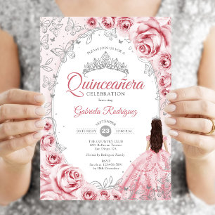 Convite Quinceanera Pink Silver Floral