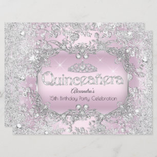 Convite Quinceanera Pink Silver Tiara Winter Wonderland 2