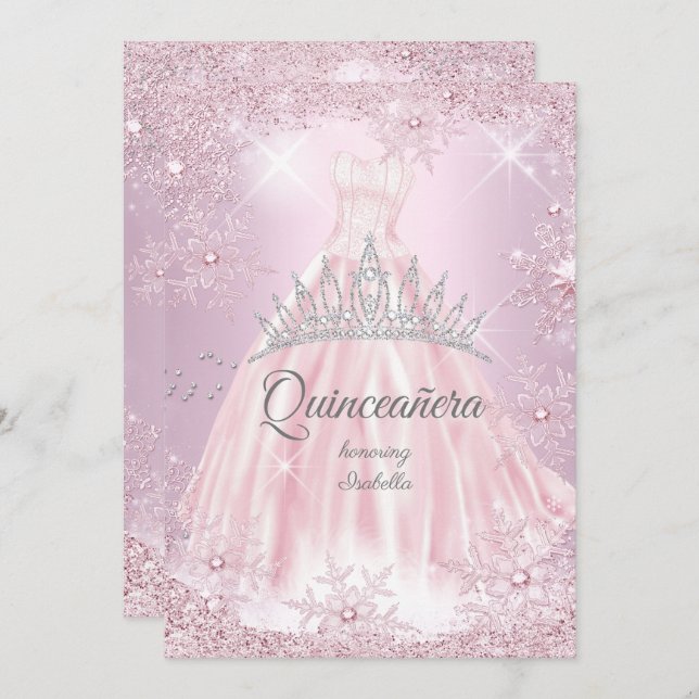 Convite Quinceanera Pink Snowflake Vestido de inverno Tiar (Frente/Verso)