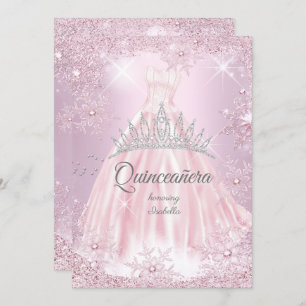 Convite Quinceanera Pink Snowflake Vestido de inverno Tiar