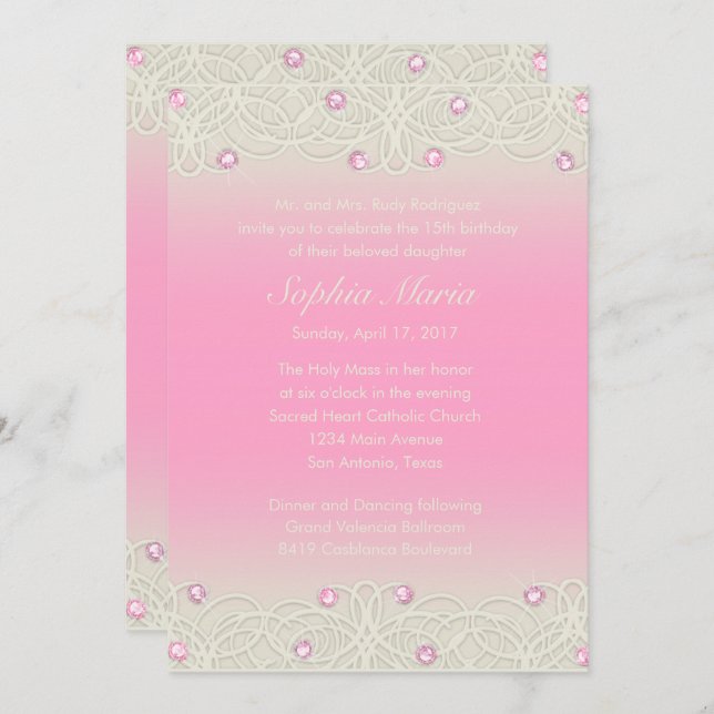 Convite Quinceanera Pink Sparkle e Lace (Frente/Verso)