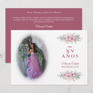 Convite Quinceañera Pink Trendy Buquê Foto Espanhol