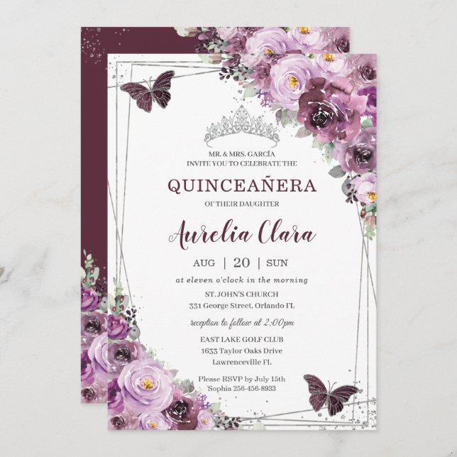 Convite Quinceañera Plum Mauve Borboletas Florais Silver (Frente/Verso)
