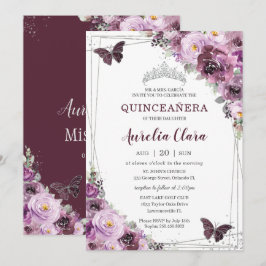 Convite Quinceañera Plum Mauve Borboletas Florais Silver