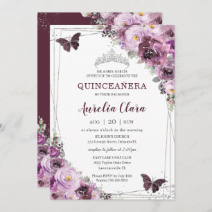 Convite Quinceañera Plum Mauve Borboletas Florais Silver
